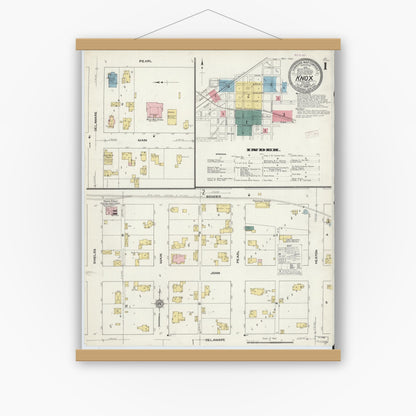 Old map wall art mockup — magnetic wood frame on white wall — Sanborn Fire Insurance Map from Knox, Starke County, Indiana (1909) - Complete Map Set