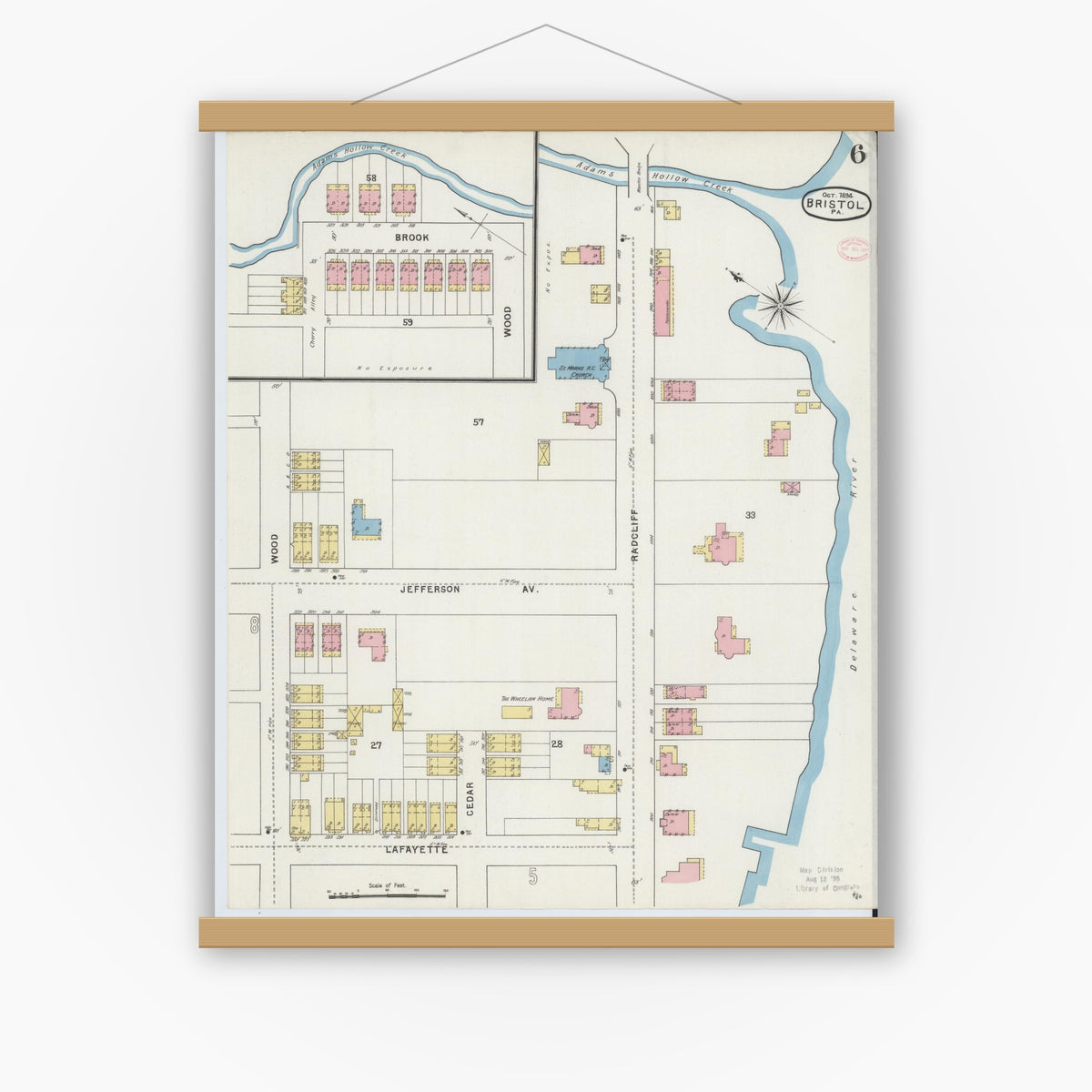 Old map wall art mockup — magnetic wood frame on white wall — Sanborn Fire Insurance Map from Bristol, Bucks County, Pennsylvania (1894), Sheet #0006