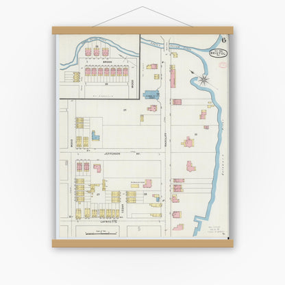 Old map wall art mockup — magnetic wood frame on white wall — Sanborn Fire Insurance Map from Bristol, Bucks County, Pennsylvania (1894), Sheet #0006