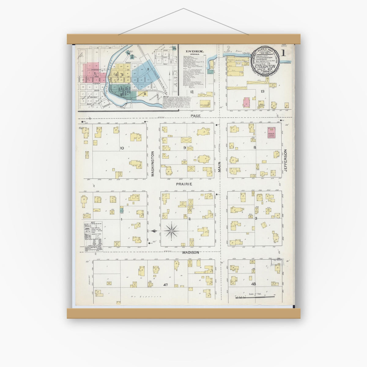 Old map wall art mockup — magnetic wood frame on white wall — Sanborn Fire Insurance Map from Stoughton, Dane County, Wisconsin (1892) - Complete Map Set