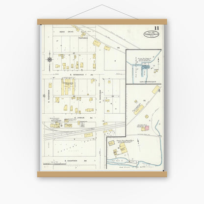 Old map wall art mockup — magnetic wood frame on white wall — Sanborn Fire Insurance Map from Fergus Falls, Otter Tail County, Minnesota (1909), Sheet #0011
