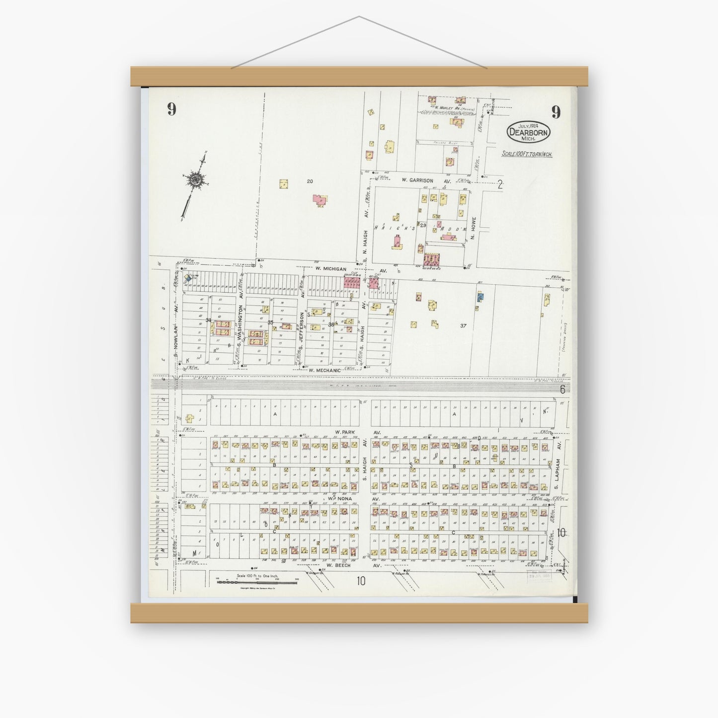 Old map wall art mockup — magnetic wood frame on white wall — Sanborn Fire Insurance Map from Dearborn, Wayne County, Michigan (1924), Sheet #0009