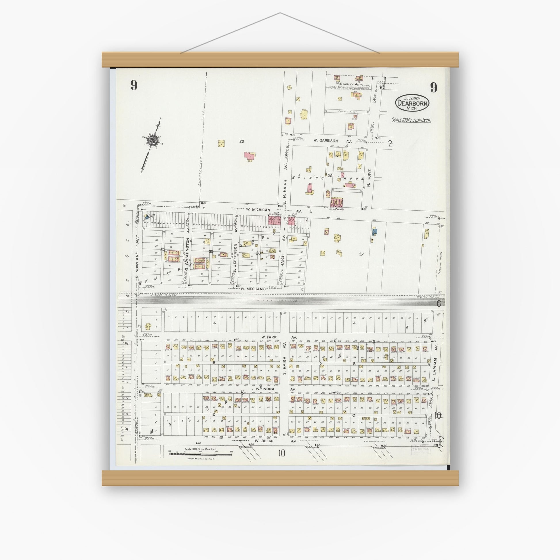 Old map wall art mockup — magnetic wood frame on white wall — Sanborn Fire Insurance Map from Dearborn, Wayne County, Michigan (1924), Sheet #0009