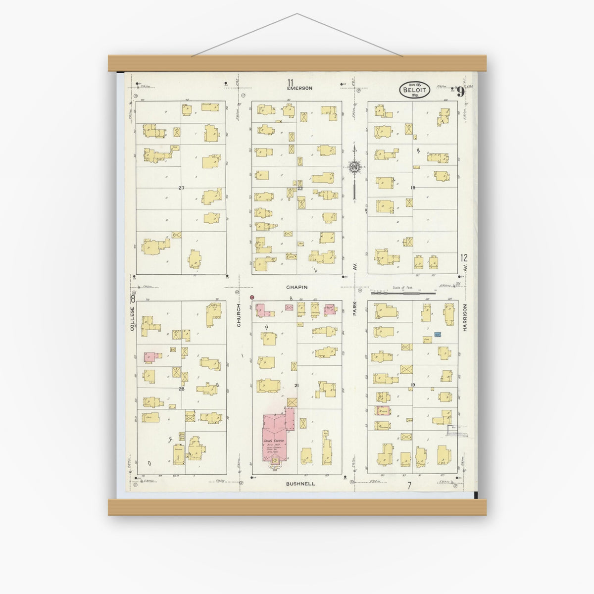 Old map wall art mockup — magnetic wood frame on white wall — Sanborn Fire Insurance Map from Beloit, Rock County, Wisconsin (1915), Sheet #0009