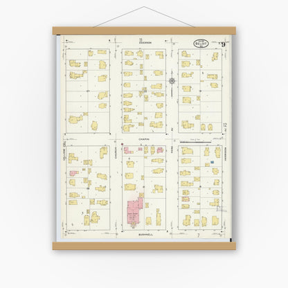 Old map wall art mockup — magnetic wood frame on white wall — Sanborn Fire Insurance Map from Beloit, Rock County, Wisconsin (1915), Sheet #0009