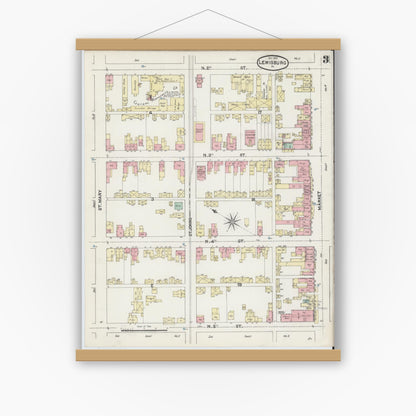 Old map wall art mockup — magnetic wood frame on white wall — Sanborn Fire Insurance Map from Lewisburg, Union County, Pennsylvania (1890), Sheet #0003