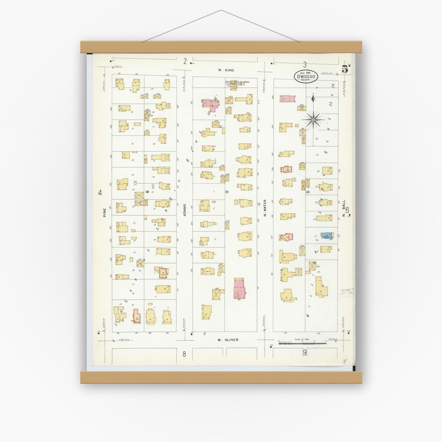 Old map wall art mockup — magnetic wood frame on white wall — Sanborn Fire Insurance Map from Owosso, Shiawassee County, Michigan (1908), Sheet #0005