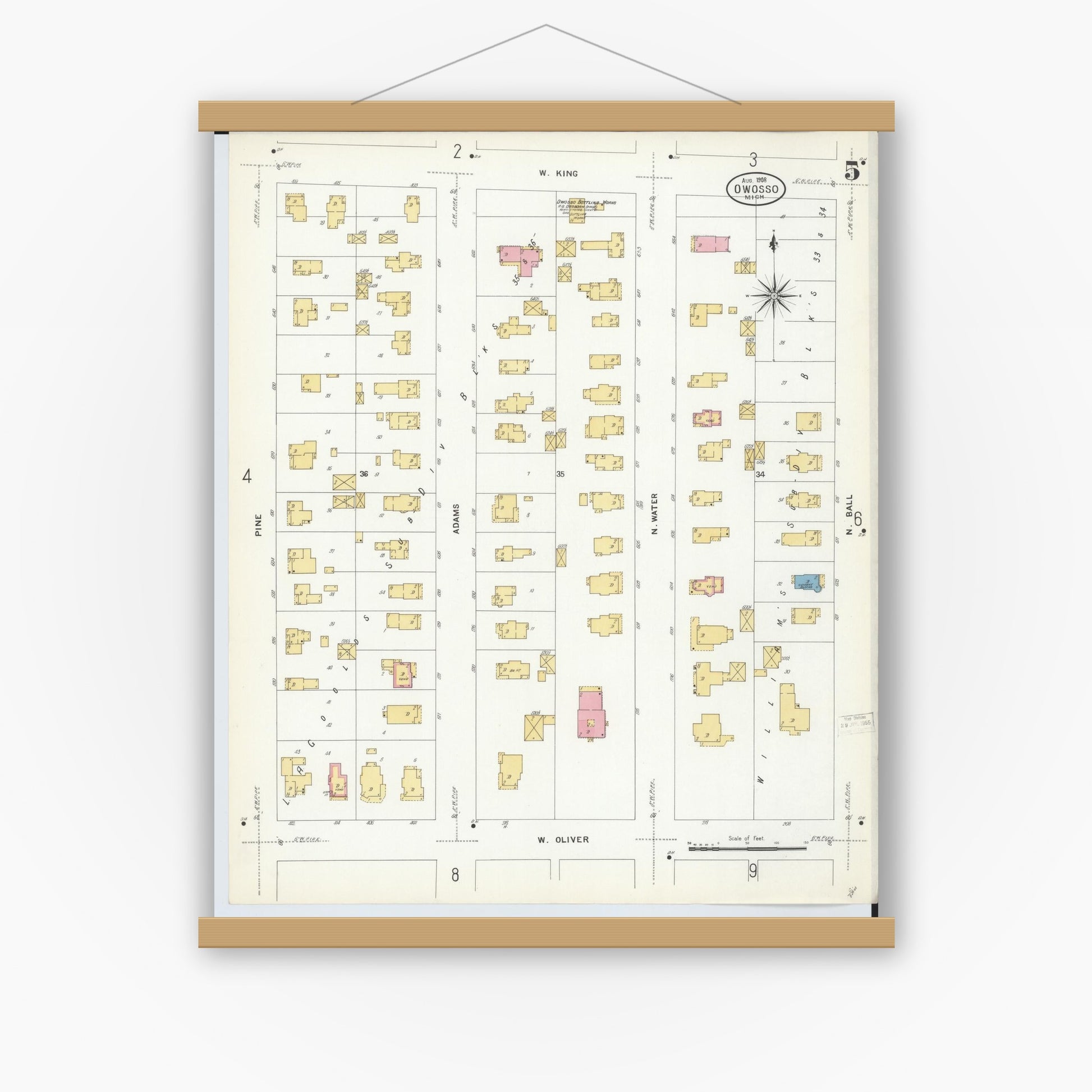 Old map wall art mockup — magnetic wood frame on white wall — Sanborn Fire Insurance Map from Owosso, Shiawassee County, Michigan (1908), Sheet #0005