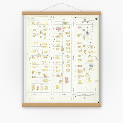 Old map wall art mockup — magnetic wood frame on white wall — Sanborn Fire Insurance Map from Owosso, Shiawassee County, Michigan (1908), Sheet #0005