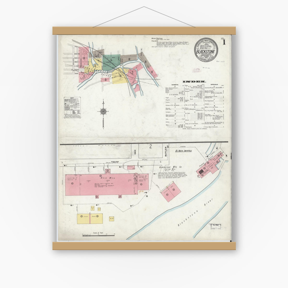 Old map wall art mockup — magnetic wood frame on white wall — Sanborn Fire Insurance Map from Blackstone, Worcester County, Massachusetts (1910) - Complete Map Set