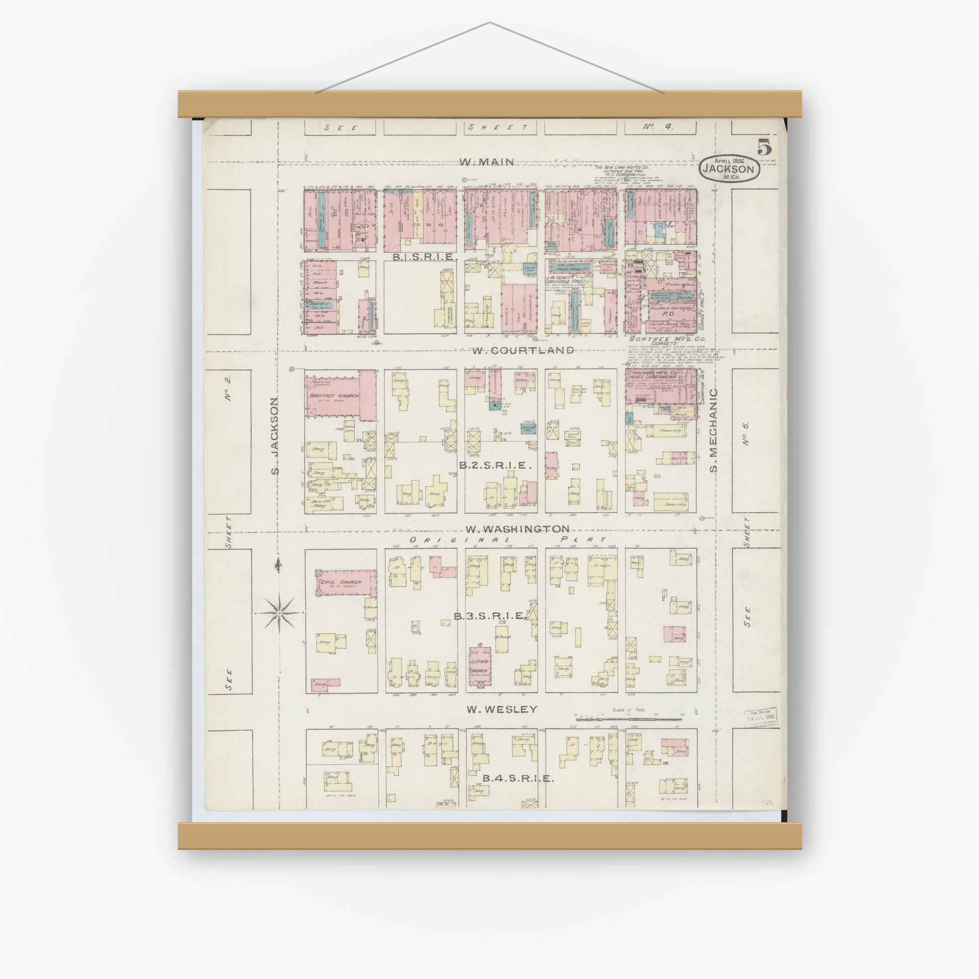 Old map wall art mockup — magnetic wood frame on white wall — Sanborn Fire Insurance Map from Jackson, Jackson County, Michigan (1886), Sheet #0005