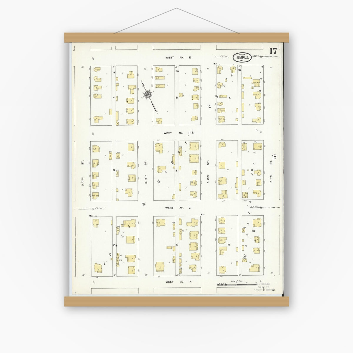 Old map wall art mockup — magnetic wood frame on white wall — Sanborn Fire Insurance Map from Temple, Bell County, Texas (1910), Sheet #0017