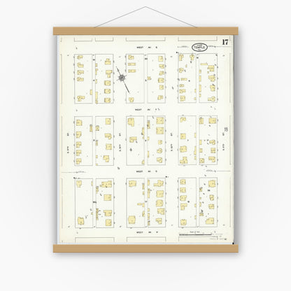 Old map wall art mockup — magnetic wood frame on white wall — Sanborn Fire Insurance Map from Temple, Bell County, Texas (1910), Sheet #0017