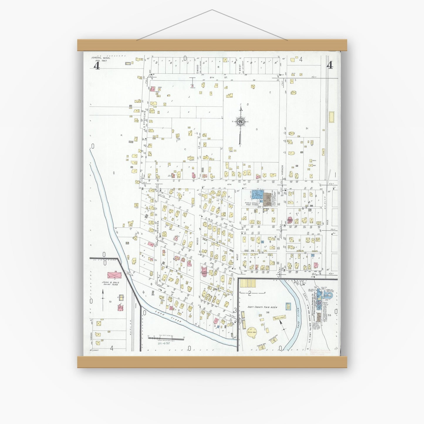 Old map wall art mockup — magnetic wood frame on white wall — Sanborn Fire Insurance Map from Jordan, Scott County, Minnesota (1947), Sheet #0004