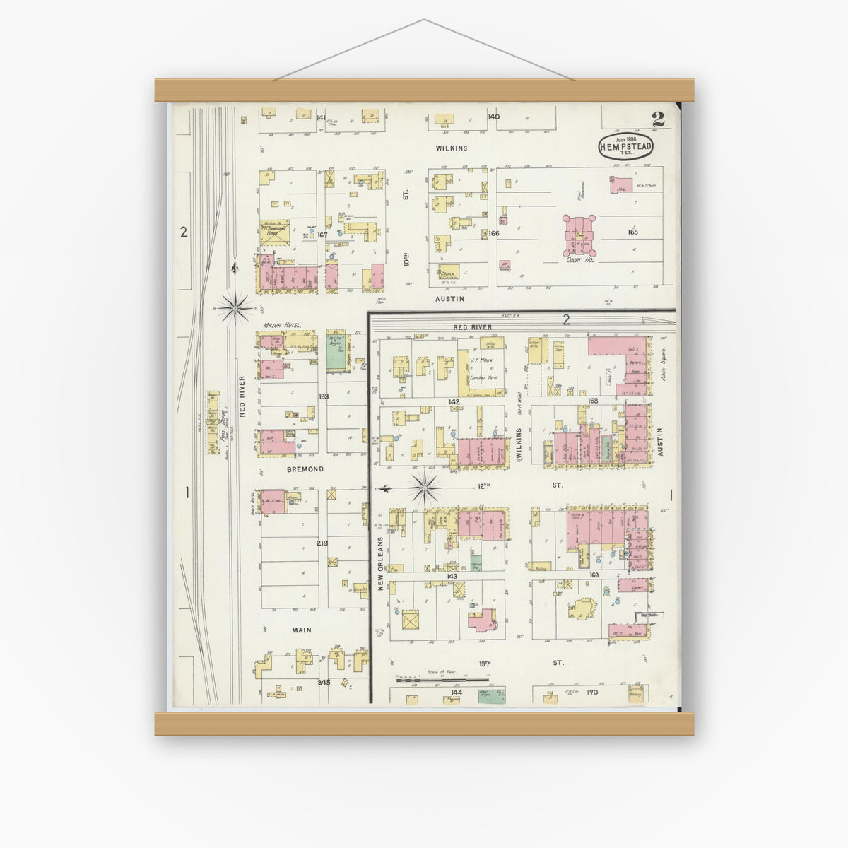 Old map wall art mockup — magnetic wood frame on white wall — Sanborn Fire Insurance Map from Hempstead, Waller County, Texas (1896), Sheet #0002