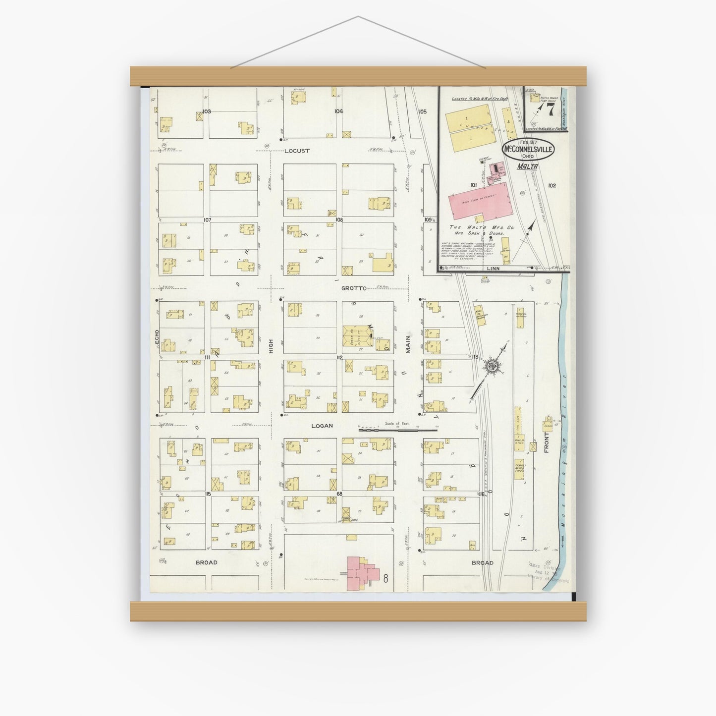 Old map wall art mockup — magnetic wood frame on white wall — Sanborn Fire Insurance Map from McConnelsville, Morgan County, Ohio (1917), Sheet #0007