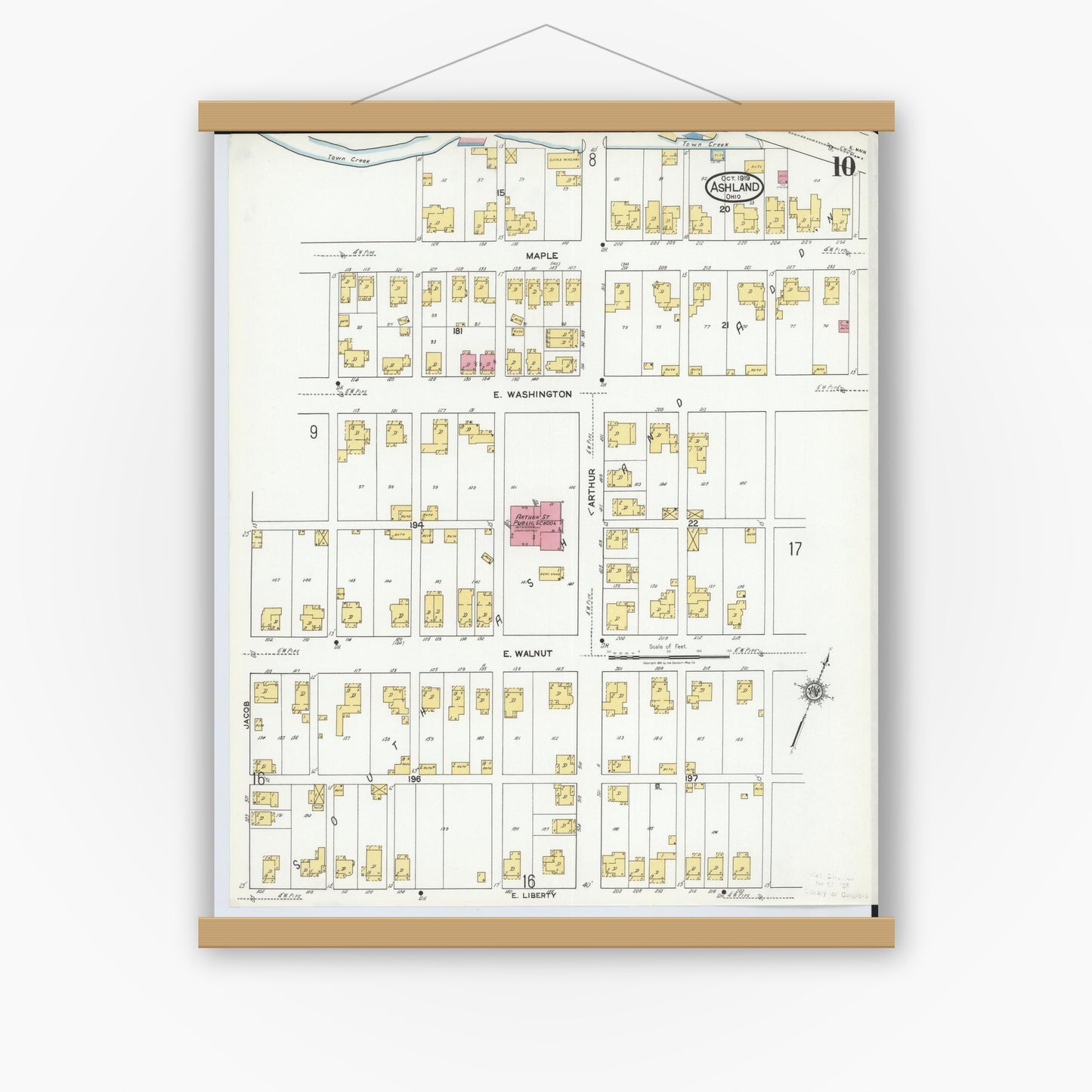 Old map wall art mockup — magnetic wood frame on white wall — Sanborn Fire Insurance Map from Ashland, Ashland County, Ohio (1919), Sheet #0010