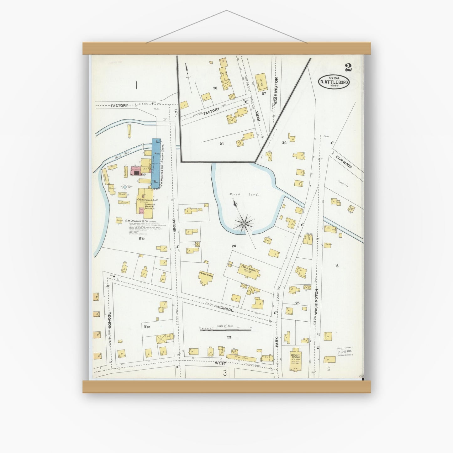 Old map wall art mockup — magnetic wood frame on white wall — Sanborn Fire Insurance Map from North Attleborough, Bristol County, Massachusetts (1904), Sheet #0002