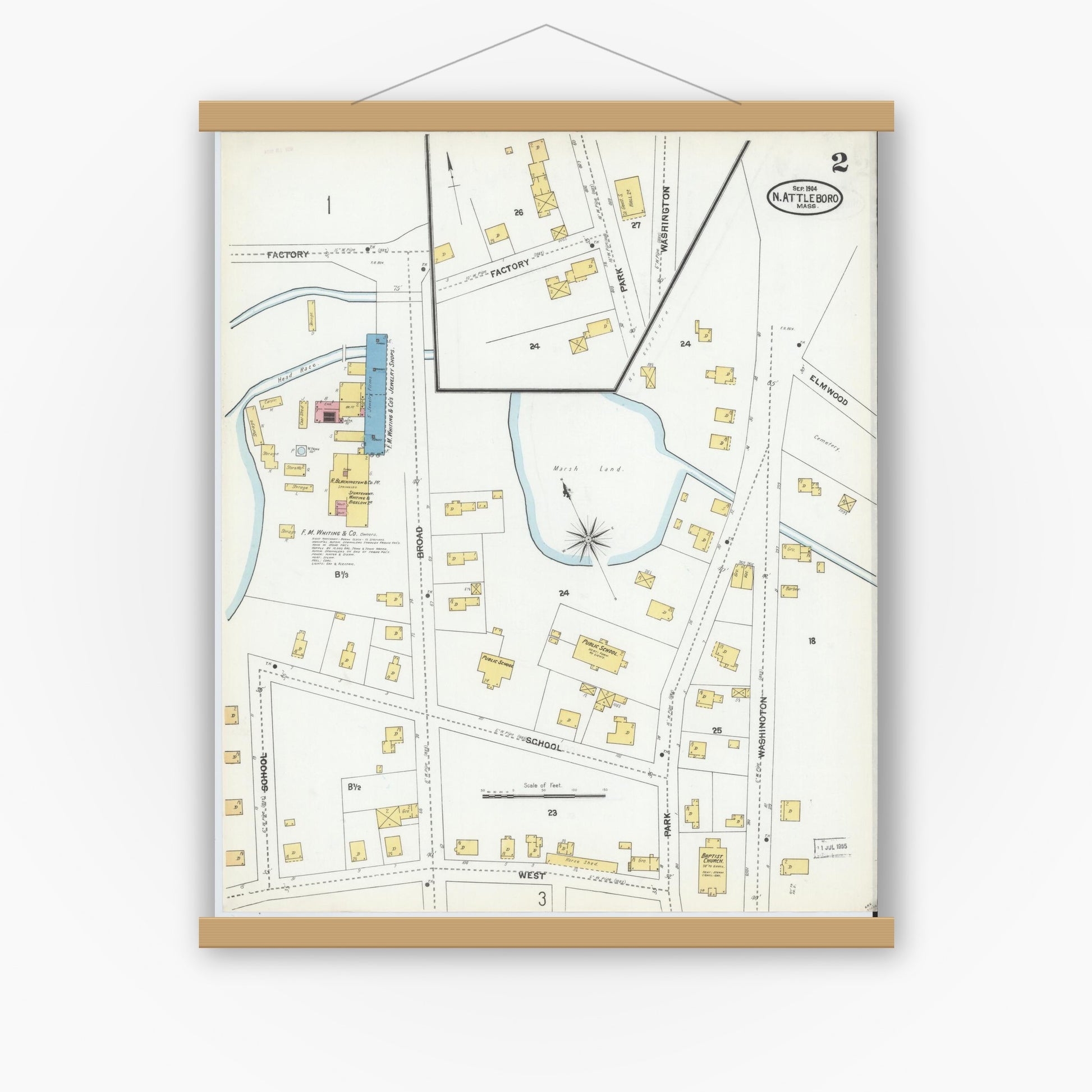 Old map wall art mockup — magnetic wood frame on white wall — Sanborn Fire Insurance Map from North Attleborough, Bristol County, Massachusetts (1904), Sheet #0002