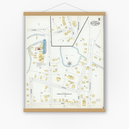 Old map wall art mockup — magnetic wood frame on white wall — Sanborn Fire Insurance Map from North Attleborough, Bristol County, Massachusetts (1904), Sheet #0002