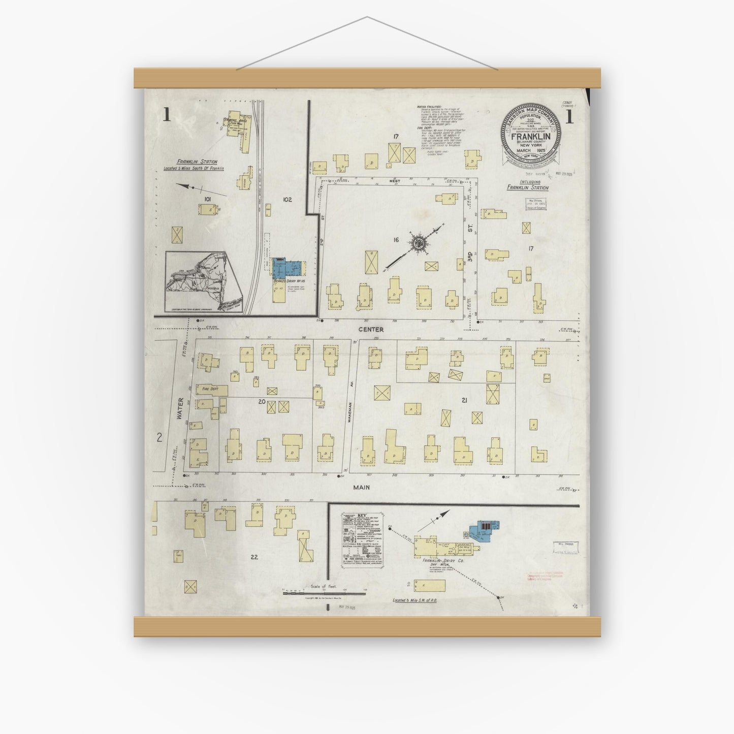 Old map wall art mockup — magnetic wood frame on white wall — Sanborn Fire Insurance Map from Franklin, Delaware County, New York (1925) - Complete Map Set