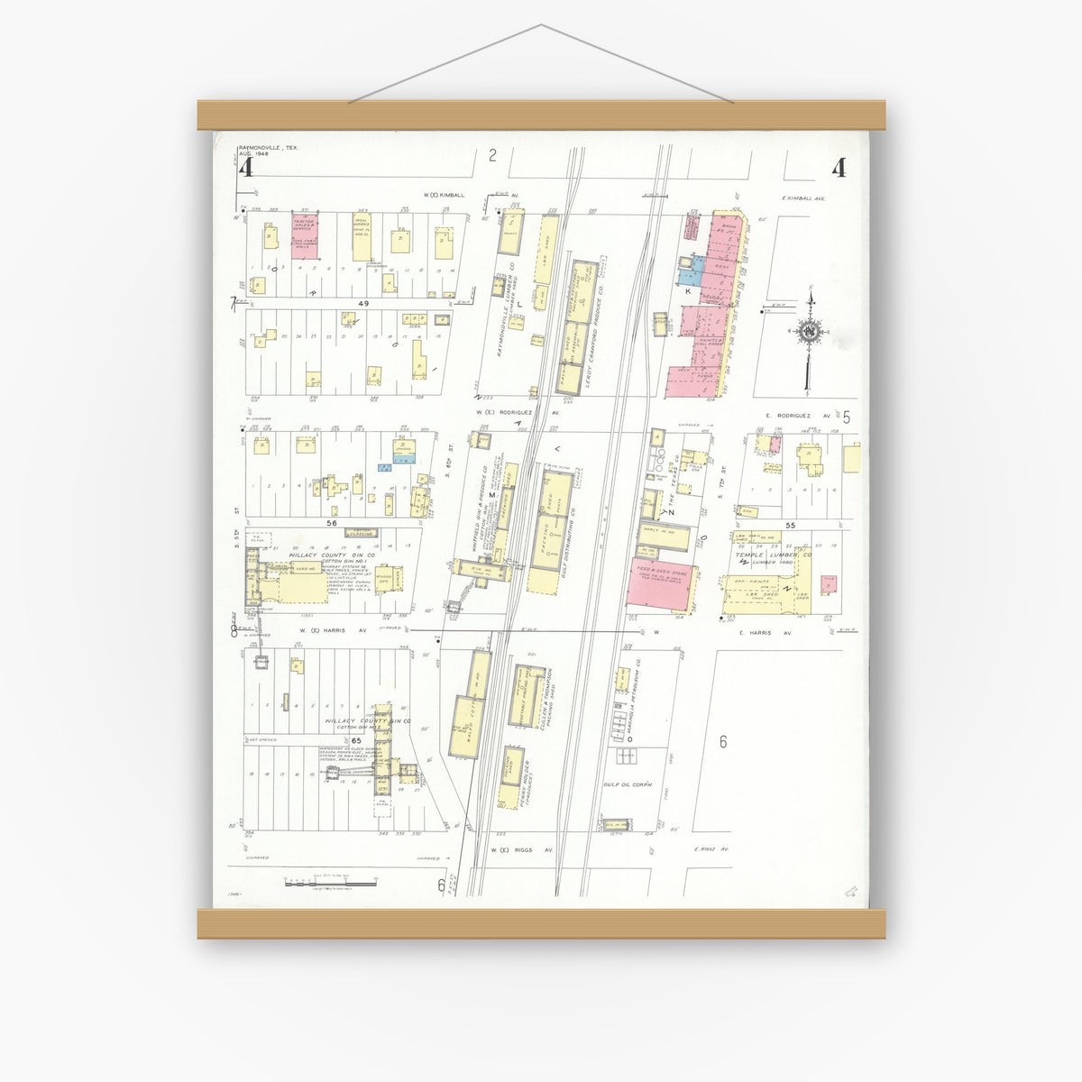Old map wall art mockup — magnetic wood frame on white wall — Sanborn Fire Insurance Map from Raymondville, Willacy County, Texas (1948), Sheet #0004