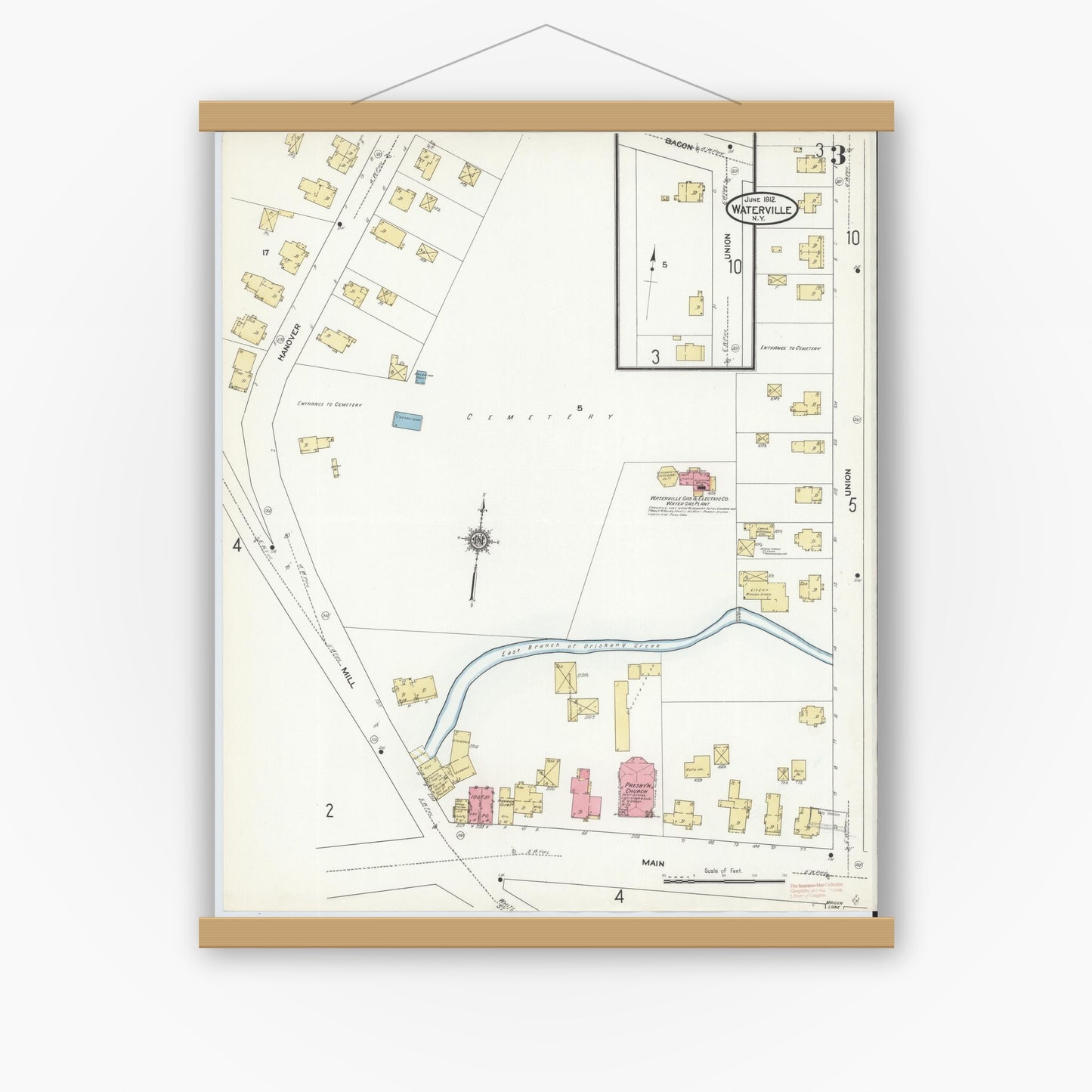 Old map wall art mockup — magnetic wood frame on white wall — Sanborn Fire Insurance Map from Waterville, Oneida County, New York (1912), Sheet #0003