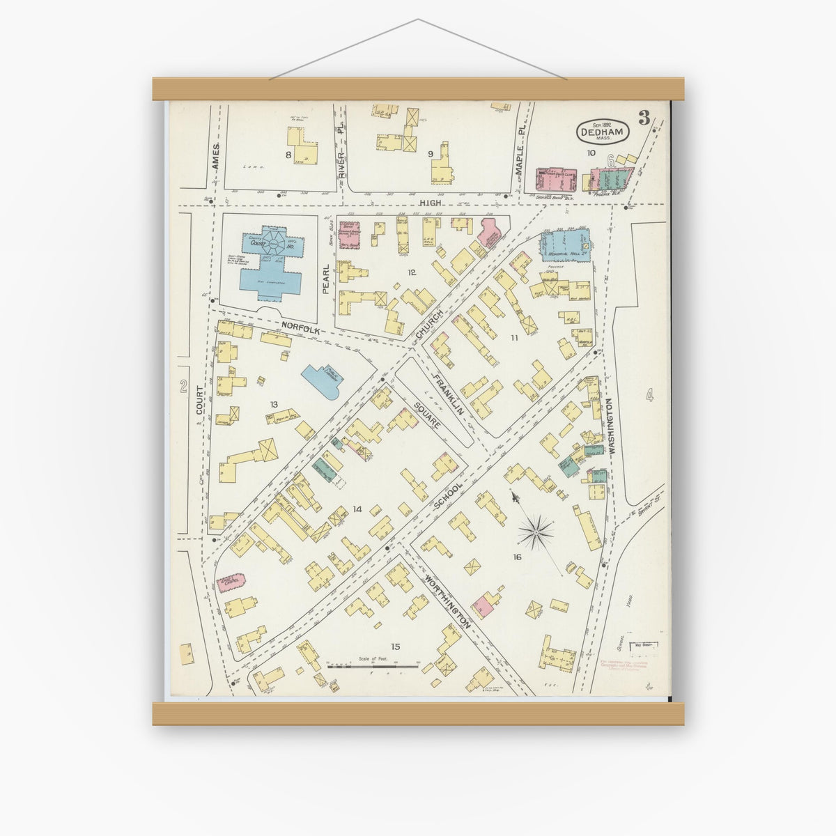 Old map wall art mockup — magnetic wood frame on white wall — Sanborn Fire Insurance Map from Dedham, Norfolk County, Massachusetts (1892), Sheet #0003