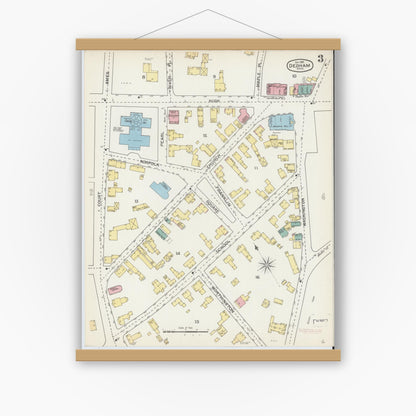 Old map wall art mockup — magnetic wood frame on white wall — Sanborn Fire Insurance Map from Dedham, Norfolk County, Massachusetts (1892), Sheet #0003