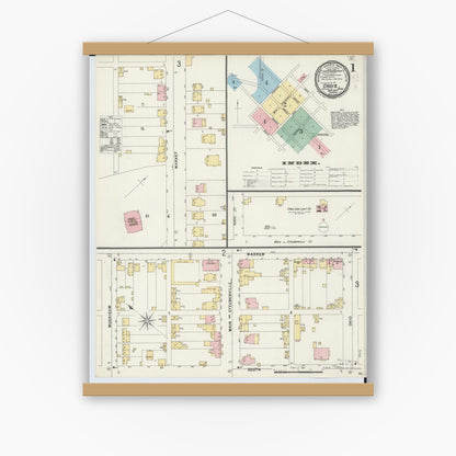 Old map wall art mockup — magnetic wood frame on white wall — Sanborn Fire Insurance Map from Cadiz, Harrison County, Ohio (1897), Sheet #0001