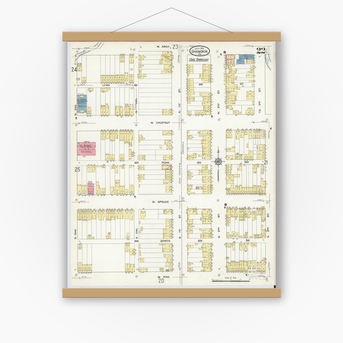 Old map wall art mockup — magnetic wood frame on white wall — Sanborn Fire Insurance Map from Shamokin, Northumberland County, Pennsylvania (1913), Sheet #0022