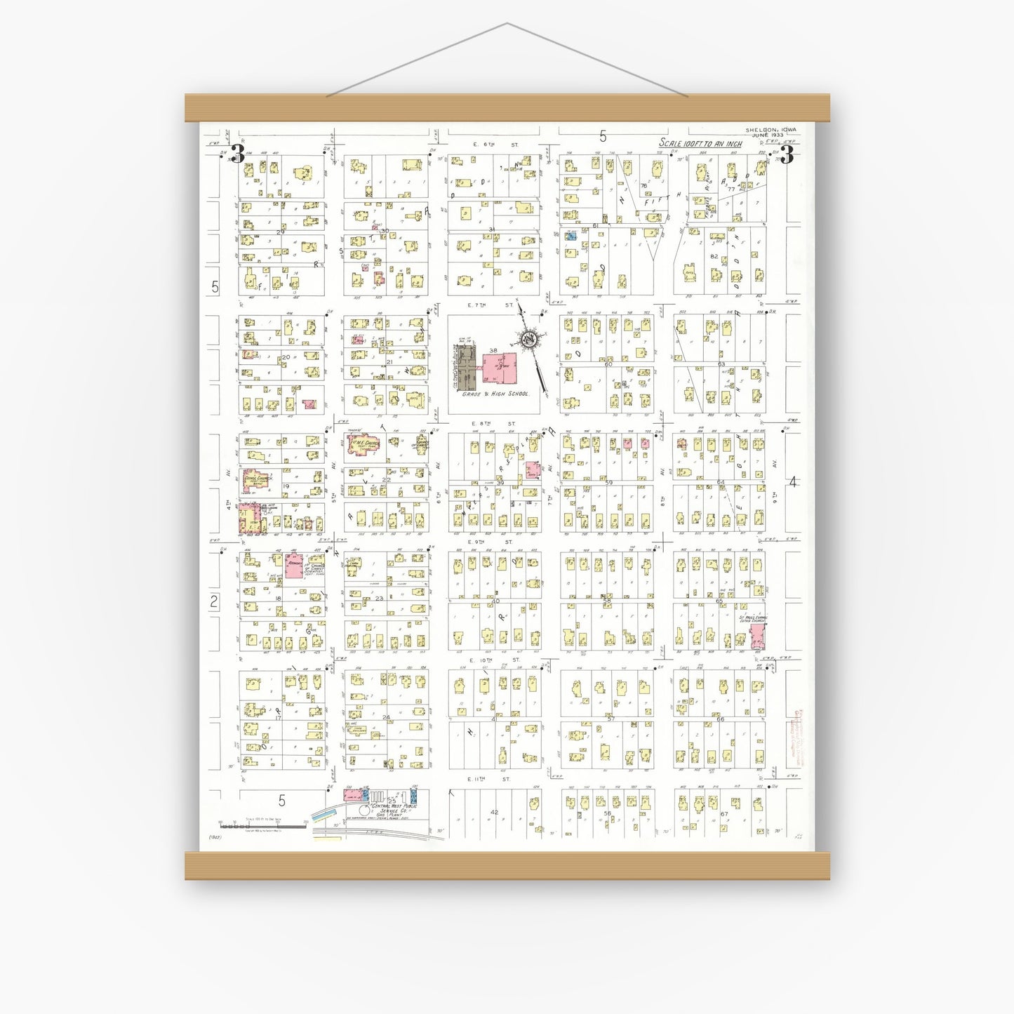 Old map wall art mockup — magnetic wood frame on white wall — Sanborn Fire Insurance Map from Sheldon, O'Brien County, Iowa (1933), Sheet #0003