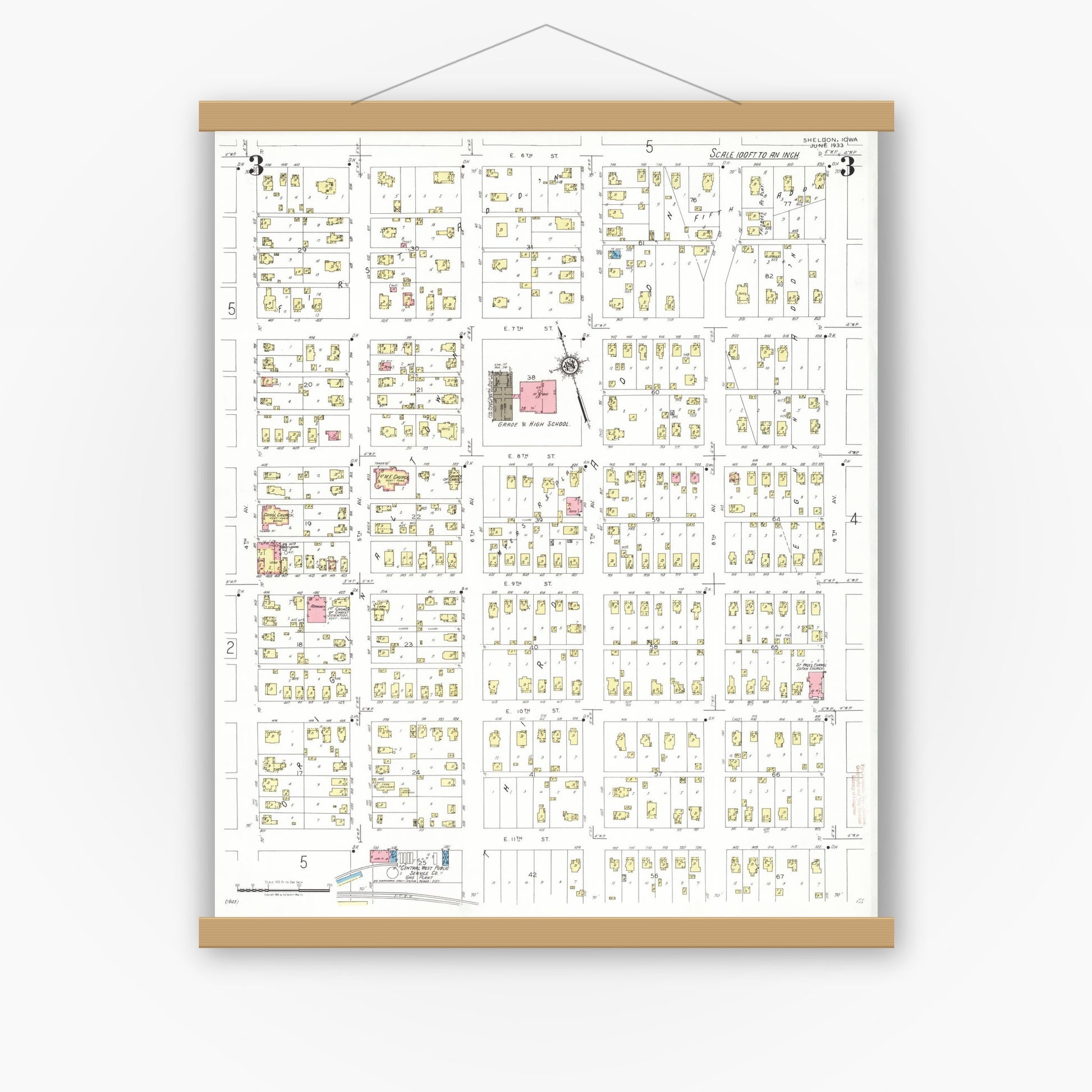 Old map wall art mockup — magnetic wood frame on white wall — Sanborn Fire Insurance Map from Sheldon, O'Brien County, Iowa (1933), Sheet #0003