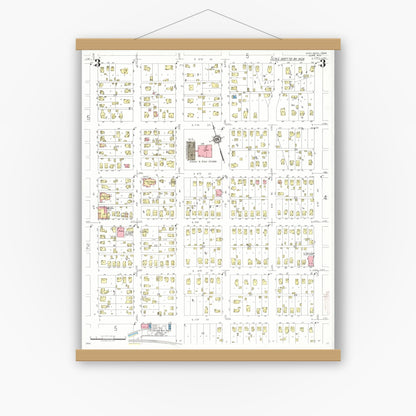 Old map wall art mockup — magnetic wood frame on white wall — Sanborn Fire Insurance Map from Sheldon, O'Brien County, Iowa (1933), Sheet #0003