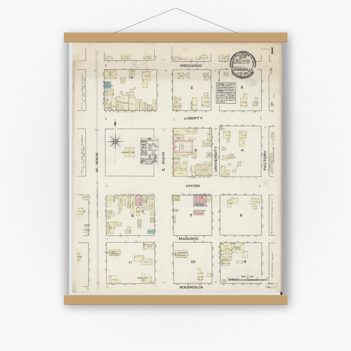 Old map wall art mockup — magnetic wood frame on white wall — Sanborn Fire Insurance Map from Gainesville, Alachua County, Florida (1884) - Complete Map Set