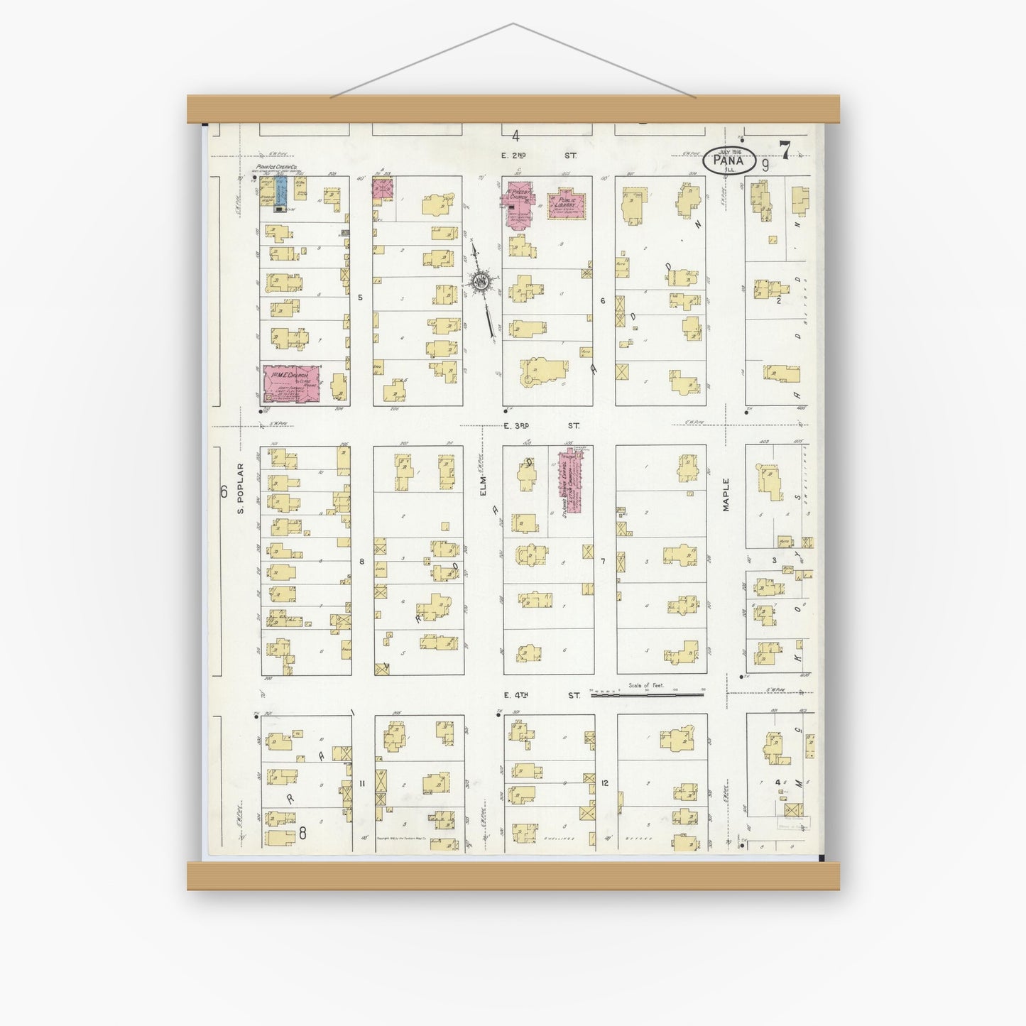 Old map wall art mockup — magnetic wood frame on white wall — Sanborn Fire Insurance Map from Pana, Christian County, Illinois (1916), Sheet #0007
