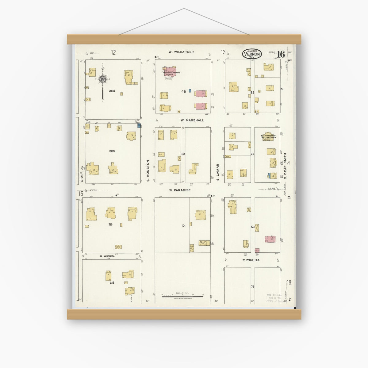 Old map wall art mockup — magnetic wood frame on white wall — Sanborn Fire Insurance Map from Vernon, Wilbarger County, Texas (1920), Sheet #0016
