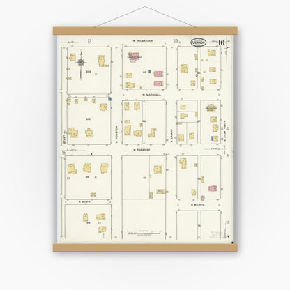 Old map wall art mockup — magnetic wood frame on white wall — Sanborn Fire Insurance Map from Vernon, Wilbarger County, Texas (1920), Sheet #0016