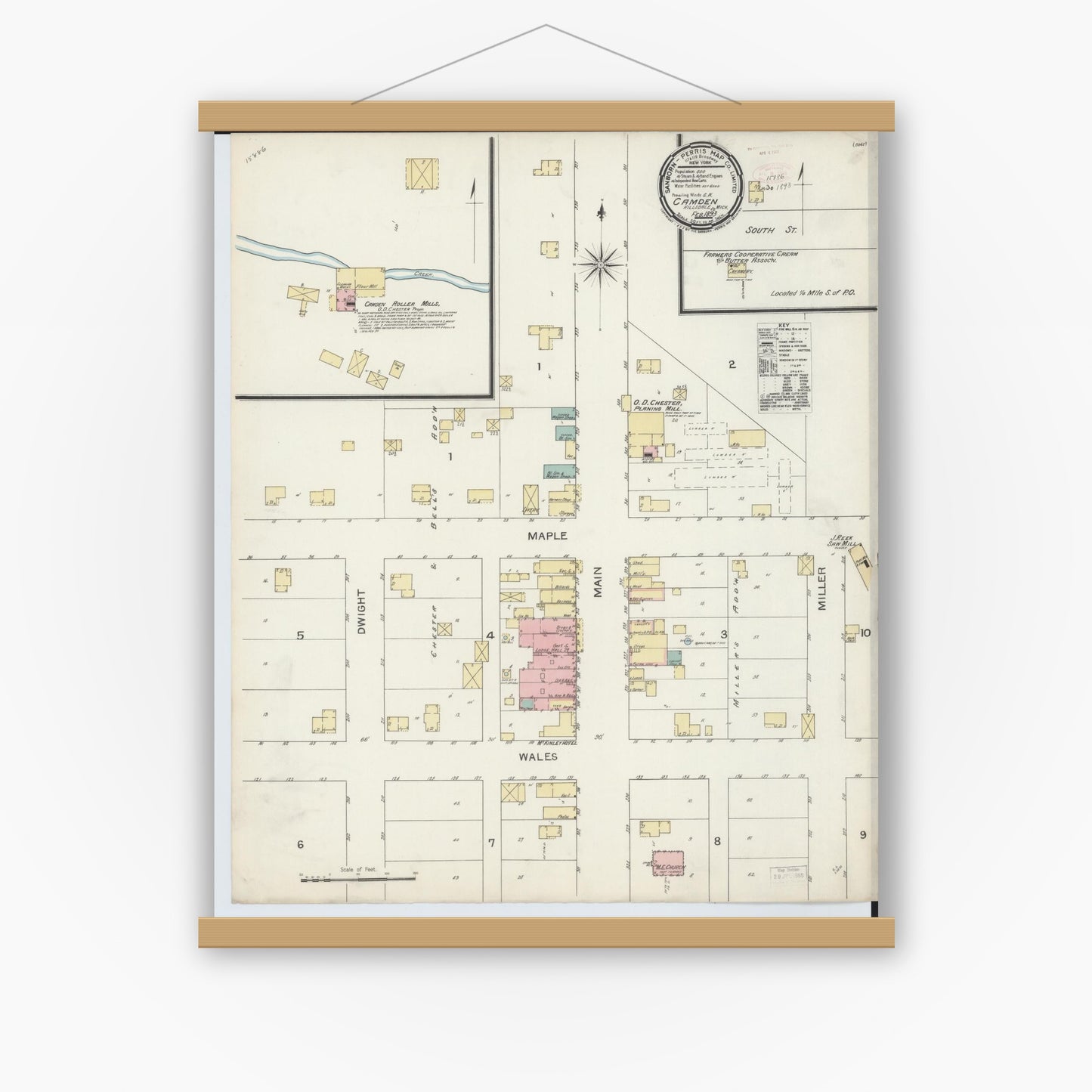 Old map wall art mockup — magnetic wood frame on white wall — Sanborn Fire Insurance Map from Camden, Hillsdale County, Michigan (1893), Sheet #0001