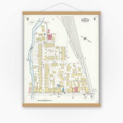 Old map wall art mockup — magnetic wood frame on white wall — Sanborn Fire Insurance Map from Kingston, Luzerne County, Pennsylvania (1925), Sheet #0002
