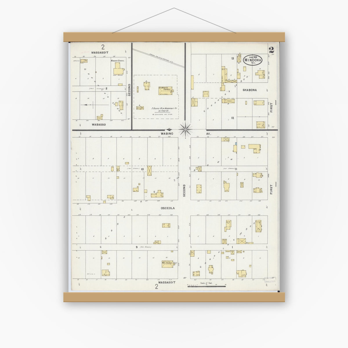 Old map wall art mockup — magnetic wood frame on white wall — Sanborn Fire Insurance Map from Minooka, Grundy County, Illinois (1898), Sheet #0002