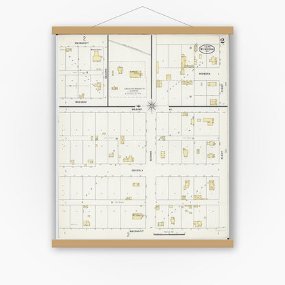 Old map wall art mockup — magnetic wood frame on white wall — Sanborn Fire Insurance Map from Minooka, Grundy County, Illinois (1898), Sheet #0002