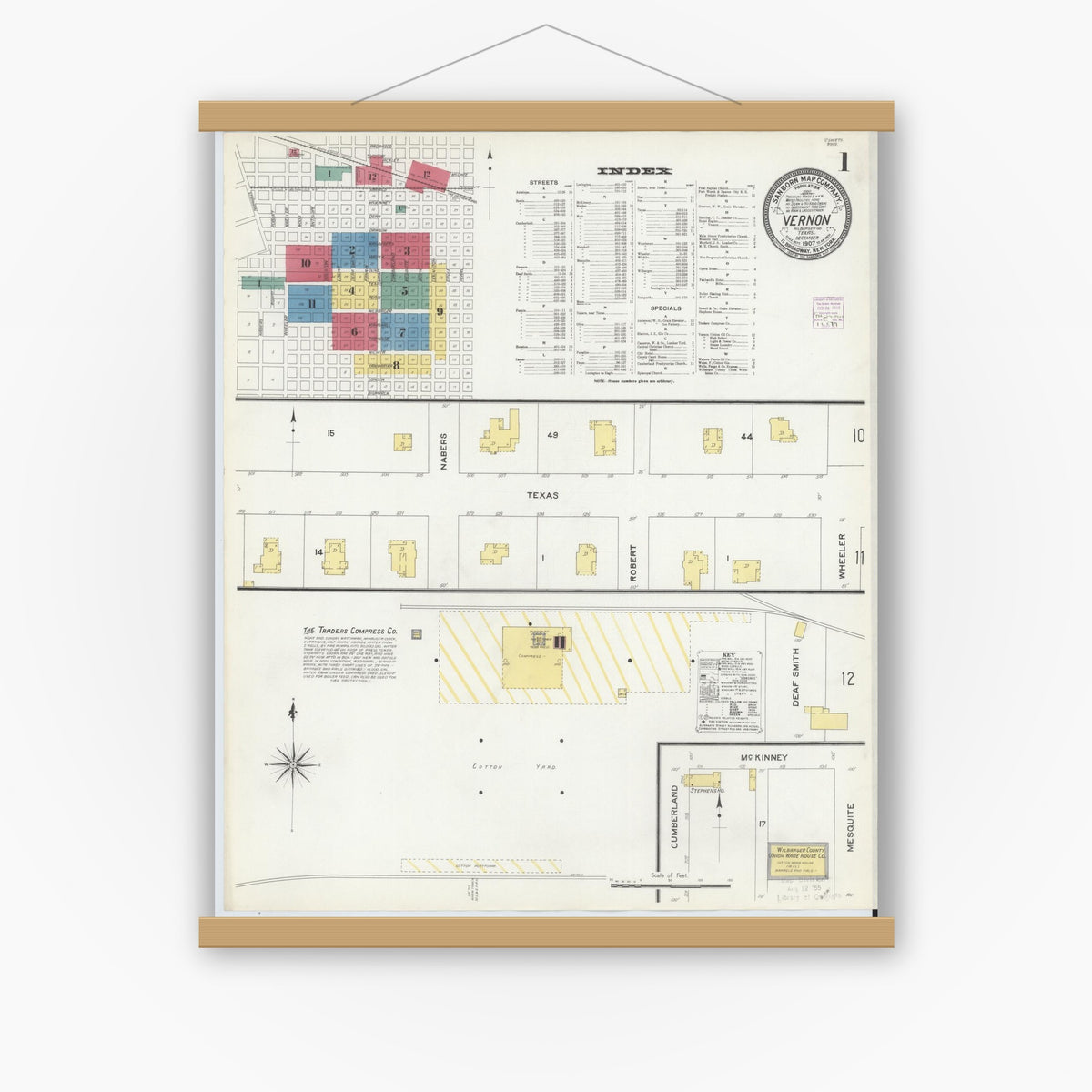 Old map wall art mockup — magnetic wood frame on white wall — Sanborn Fire Insurance Map from Vernon, Wilbarger County, Texas (1907) - Complete Map Set