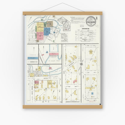 Old map wall art mockup — magnetic wood frame on white wall — Sanborn Fire Insurance Map from Constantine, Saint Joseph County, Michigan (1916), Sheet #0001