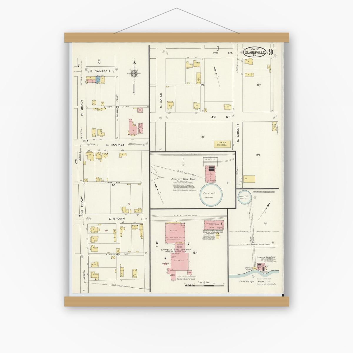 Old map wall art mockup — magnetic wood frame on white wall — Sanborn Fire Insurance Map from Blairsville, Indiana County, Pennsylvania (1915), Sheet #0009