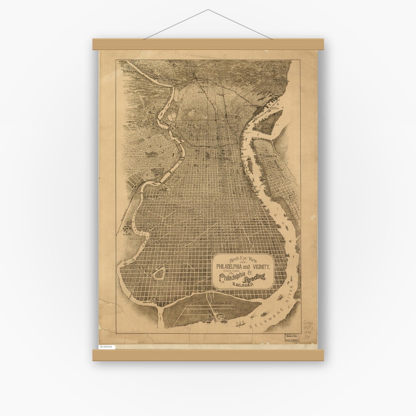 Old map wall art mockup — magnetic wood frame on white wall — Birds eye view of Philadelphia and vicinity showing location of the Philadelphia & Reading Railroad. (1870)