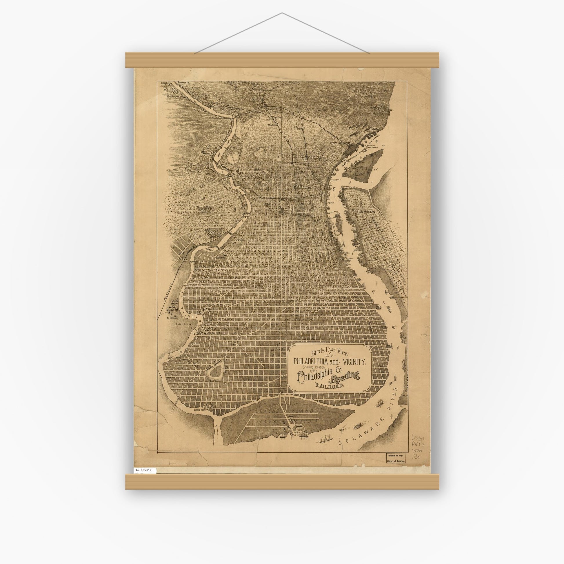 Old map wall art mockup — magnetic wood frame on white wall — Birds eye view of Philadelphia and vicinity showing location of the Philadelphia & Reading Railroad. (1870)