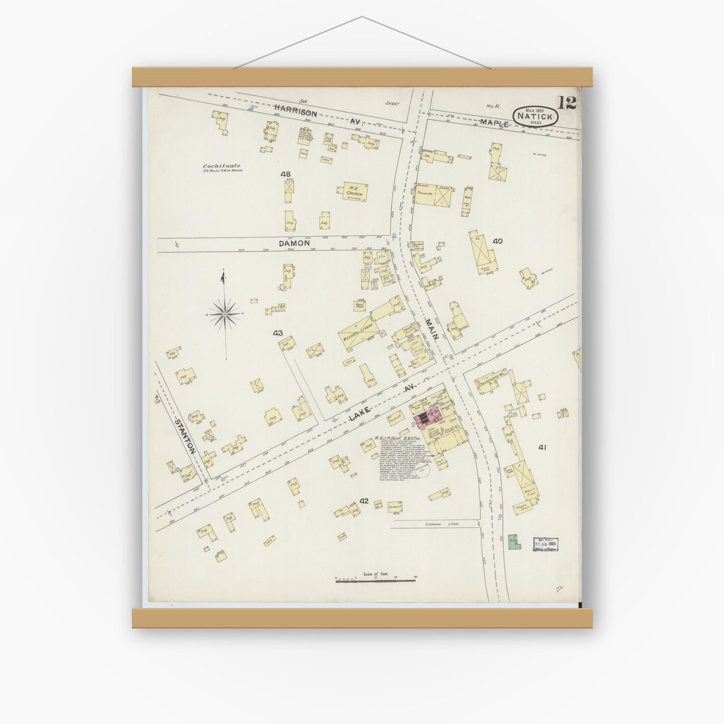 Old map wall art mockup — magnetic wood frame on white wall — Sanborn Fire Insurance Map from Natick, Middlesex County, Massachusetts (1888), Sheet #0012