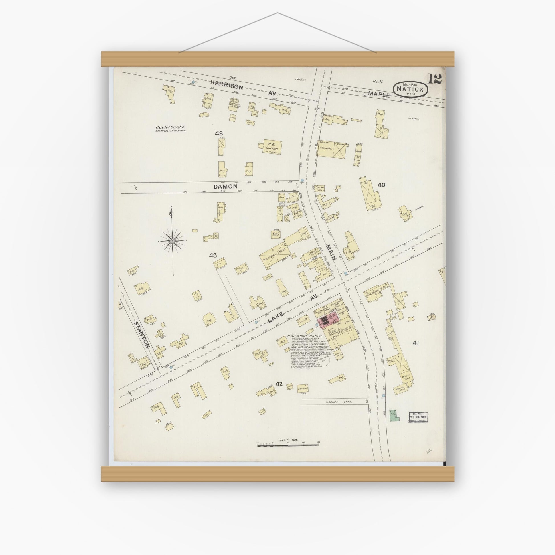 Old map wall art mockup — magnetic wood frame on white wall — Sanborn Fire Insurance Map from Natick, Middlesex County, Massachusetts (1888), Sheet #0012