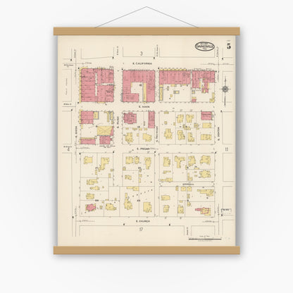 Old map wall art mockup — magnetic wood frame on white wall — Sanborn Fire Insurance Map from Gainesville, Cooke County, Texas (1922), Sheet #0005